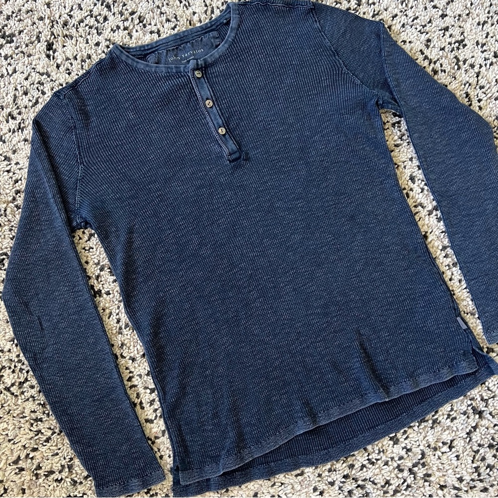 John Varvatos Waffle Henley Navy Blue Distressed Faded Long Sleeve Men’s Large - Picture 3 of 15